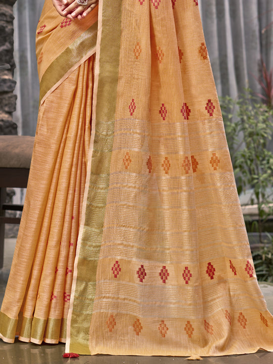 Orange Linen Blend Saree With Blouse Piece