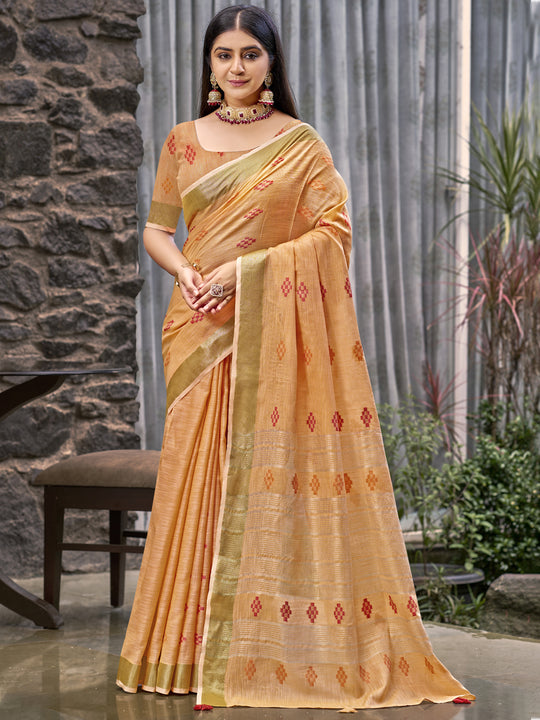 Orange Linen Blend Saree With Blouse Piece