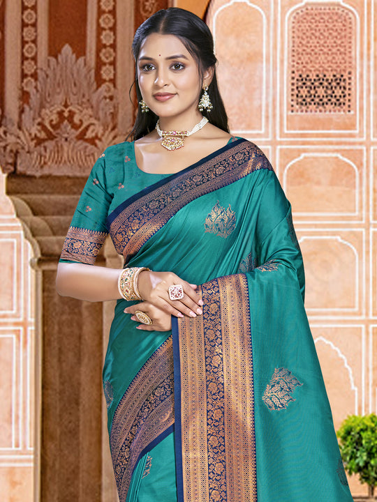 Teal Silk Saree With Blouse Piece