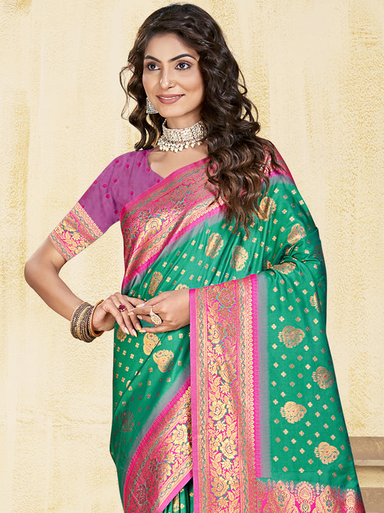 Teal Silk Saree With Blouse Piece