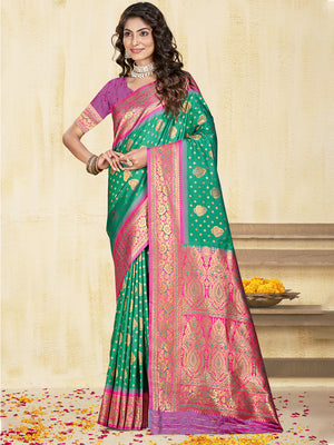 Teal Silk Saree With Blouse Piece