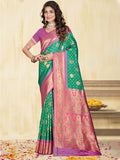 Teal Silk Saree With Blouse Piece