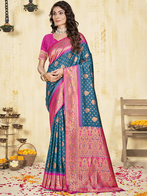 Blue Silk Saree With Blouse Piece