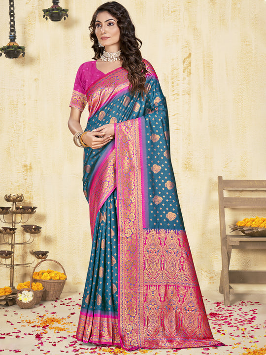 Blue Silk Saree With Blouse Piece