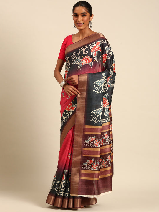 Multi Color Cotton Digital Print Saree With Blouse Piece