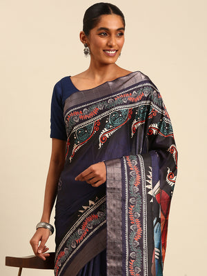 Blue Cotton Digital Print Saree With Blouse Piece