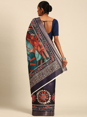 Blue Cotton Digital Print Saree With Blouse Piece