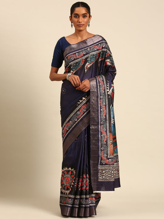 Blue Cotton Digital Print Saree With Blouse Piece