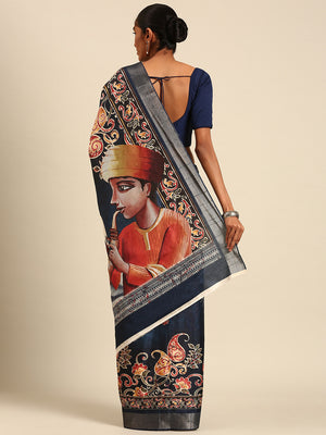 Blue Cotton Digital Print Saree With Blouse Piece