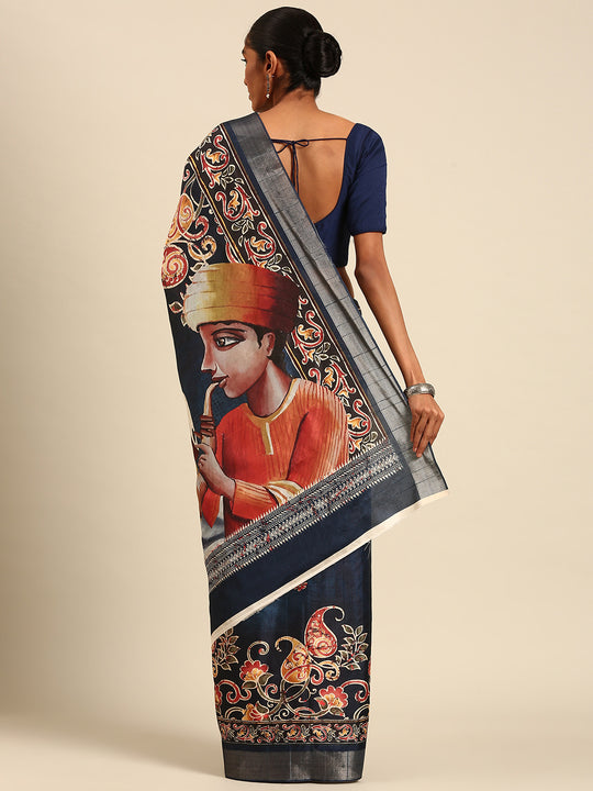Blue Cotton Digital Print Saree With Blouse Piece