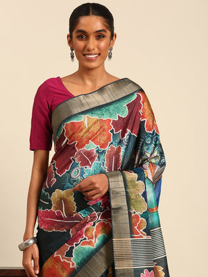 Multi Color Cotton Digital Print Saree With Blouse Piece