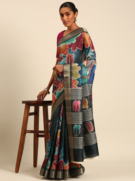 Multi Color Cotton Digital Print Saree With Blouse Piece