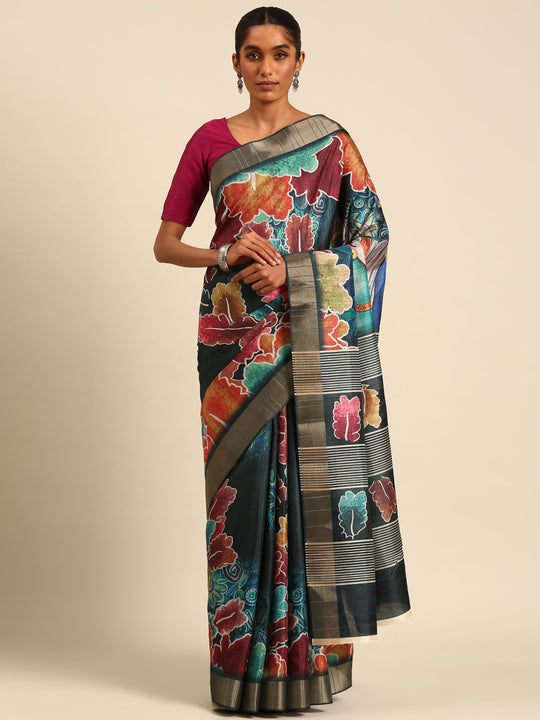 Multi Color Cotton Digital Print Saree With Blouse Piece