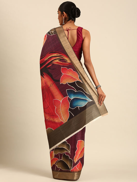 Burgundy Cotton Digital Print Saree With Blouse Piece