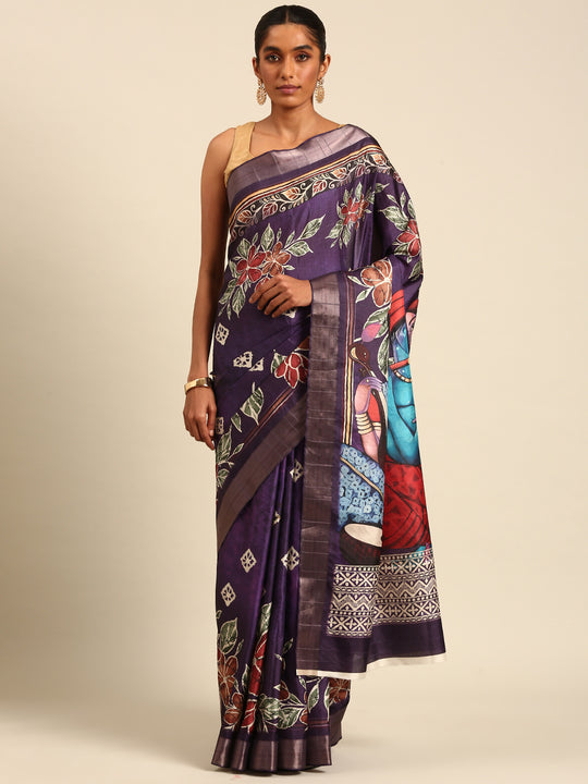 Violet Cotton Digital Print Saree With Blouse Piece