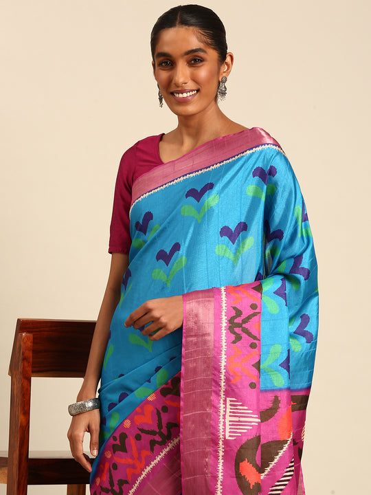 Blue Cotton Digital Print Saree With Blouse Piece