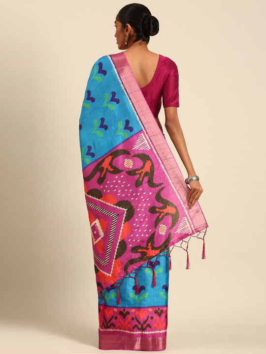 Blue Cotton Digital Print Saree With Blouse Piece