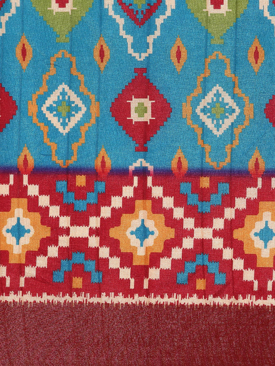 Sky Blue Cotton Digital Print Saree With Blouse Piece