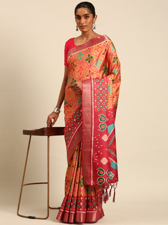 Orange Cotton Digital Print Saree With Blouse Piece