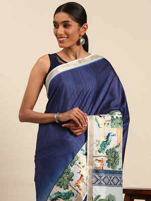 Blue Cotton Saree With Blouse Piece