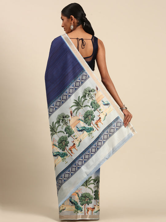 Blue Cotton Saree With Blouse Piece