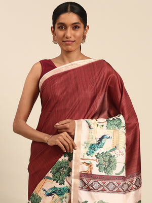 Maroon Cotton Saree With Blouse Piece