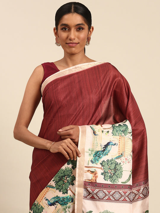 Maroon Cotton Saree With Blouse Piece