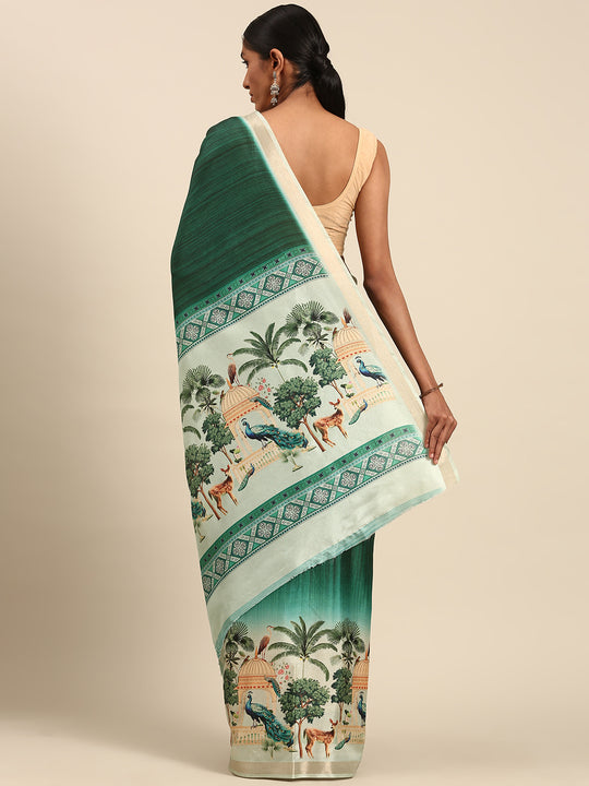Teal Cotton Saree With Blouse Piece