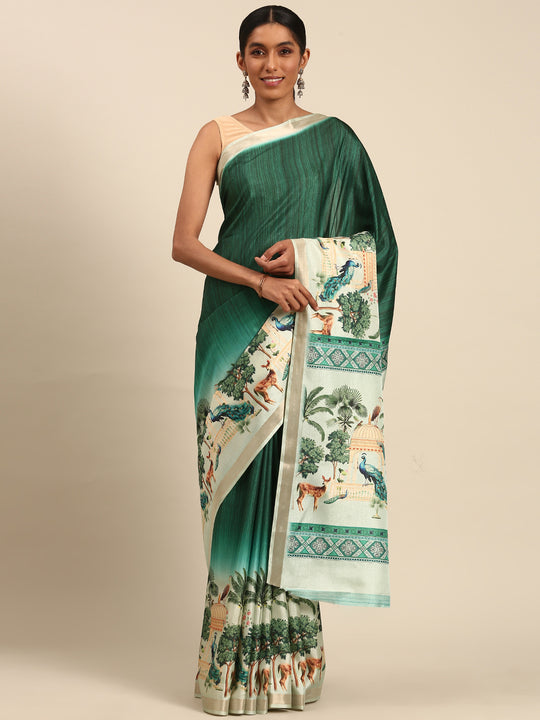 Teal Cotton Saree With Blouse Piece