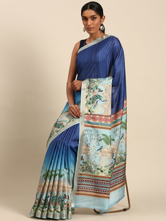 Blue Cotton Saree With Blouse Piece