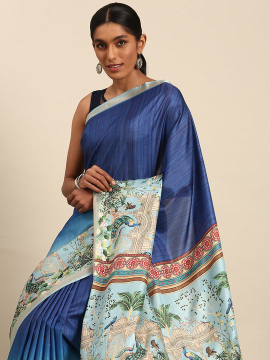 Blue Cotton Saree With Blouse Piece