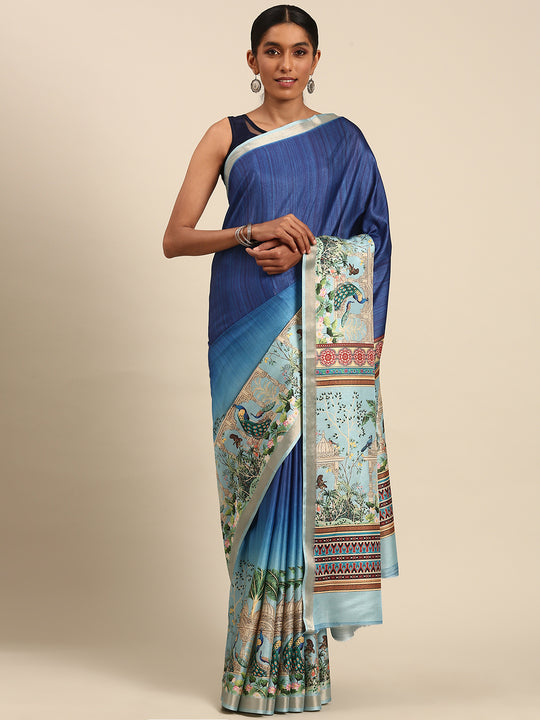 Blue Cotton Saree With Blouse Piece