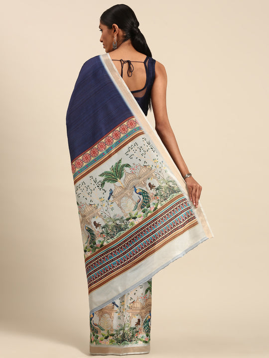 Navy Blue Cotton Saree With Blouse Piece