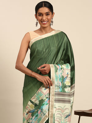 Green Cotton Saree With Blouse Piece