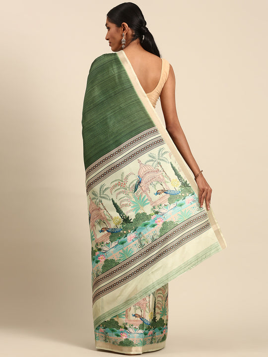 Green Cotton Saree With Blouse Piece