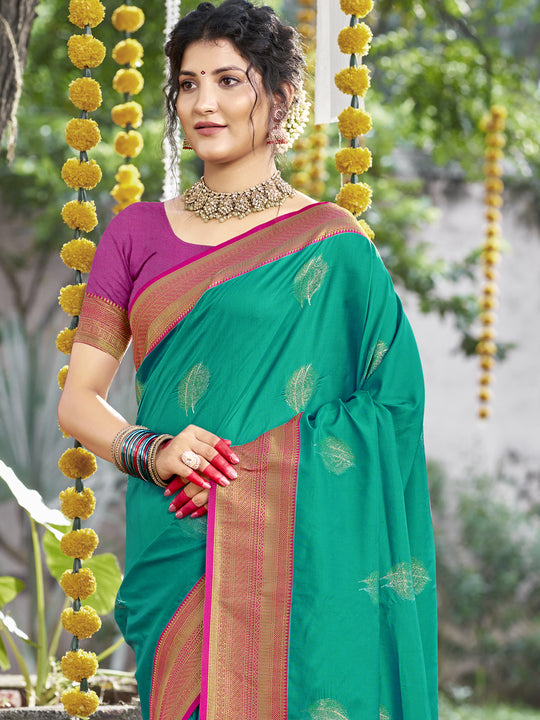 Teal Silk Saree With Blouse Piece