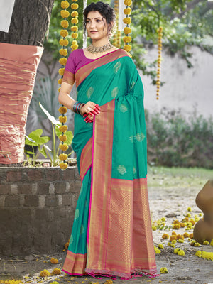 Teal Silk Saree With Blouse Piece