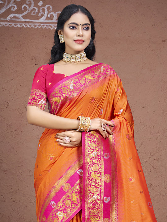 Orange Silk Saree With Blouse Piece