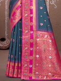Teal Silk Saree With Blouse Piece