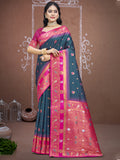 Teal Silk Saree With Blouse Piece