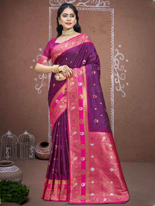 Wine Silk Saree With Blouse Piece