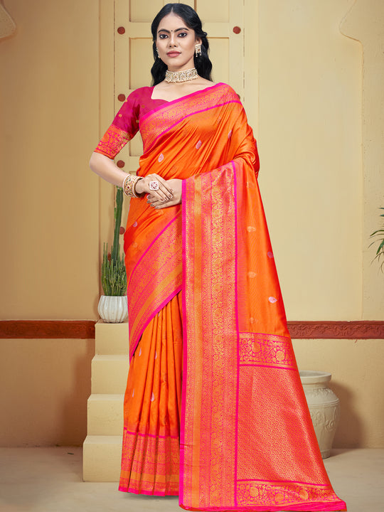 Orange Silk Saree With Blouse Piece
