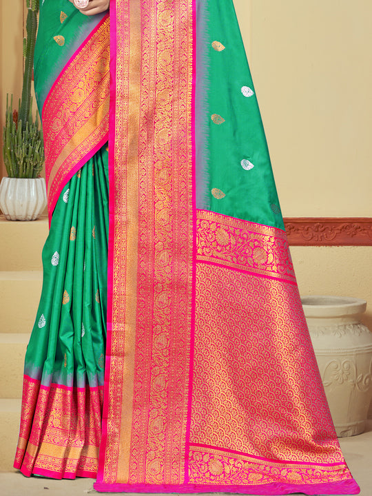 Teal Silk Saree With Blouse Piece