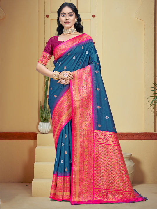 Blue Silk Saree With Blouse Piece