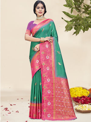 Teal Silk Saree With Blouse Piece