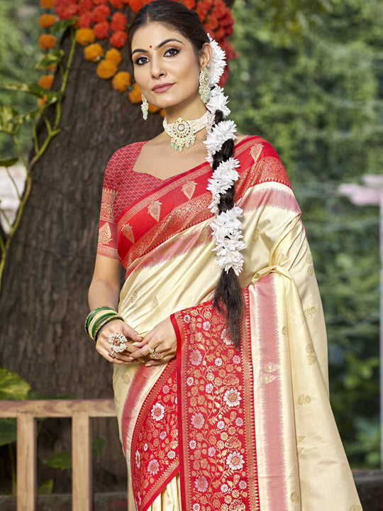 Cream Silk Saree With Blouse Piece