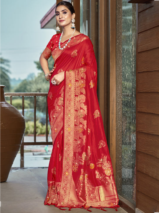 Red Silk Saree With Blouse Piece