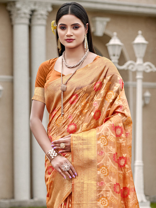 Orange Organza Saree With Blouse Piece