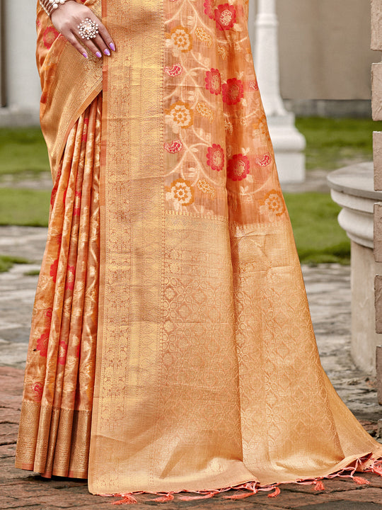 Orange Organza Saree With Blouse Piece