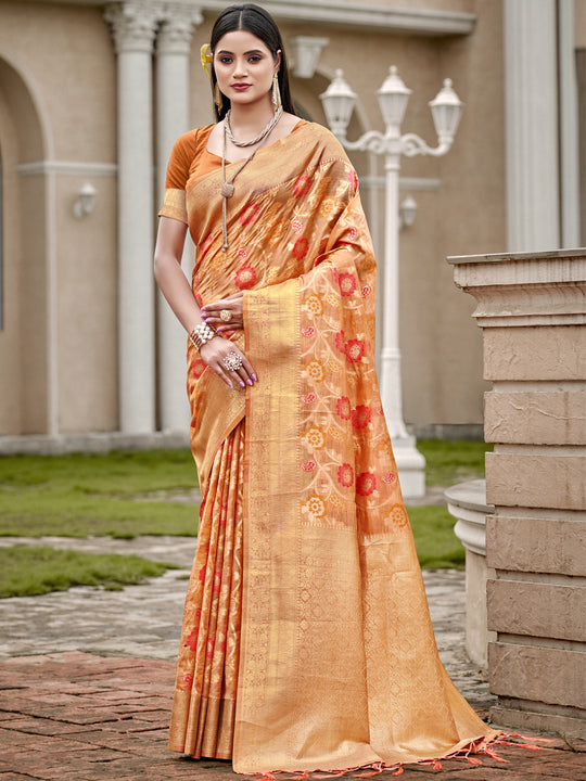 Orange Organza Saree With Blouse Piece
